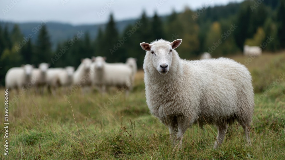 Obraz premium White sheep standing in a grassy field with a herd of other sheep in the background. the sheep is facing the camera and appears to be looking directly at the camera.