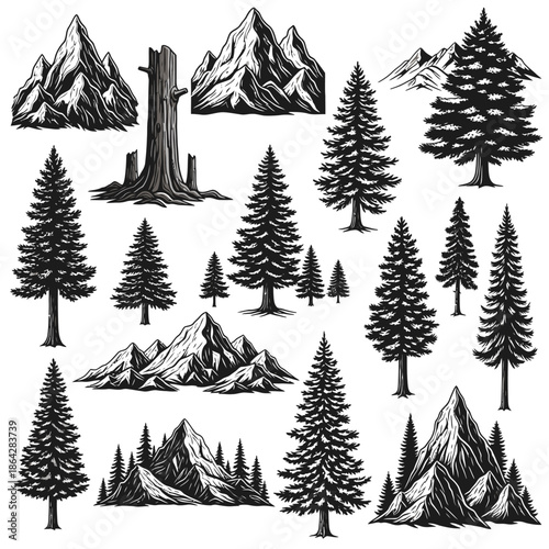 Detailed Engraving Style Vector Bundle Majestic Mountains, Towering Pine Trees, and Natural Forest Elements, Ideal for Wilderness Themed Art