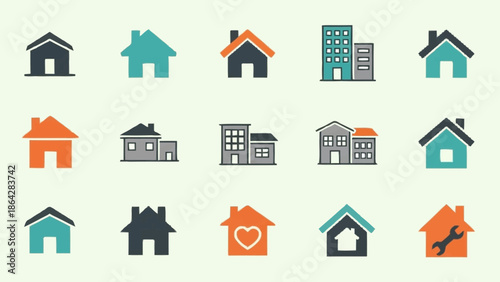 Collection of simple house icons in various colors and designs.