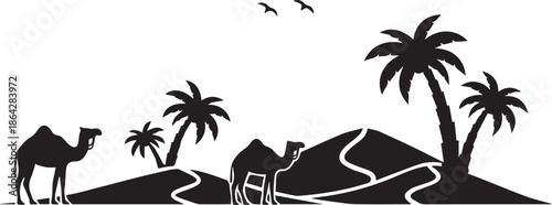 Islamic design bundle with desert landscape Arabic calligraphy charity icons and floral borders