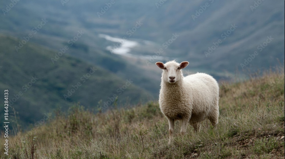 Fototapeta premium White sheep standing on a grassy hillside with a mountain range in the background. the sheep is facing the camera and appears to be looking directly at the camera.