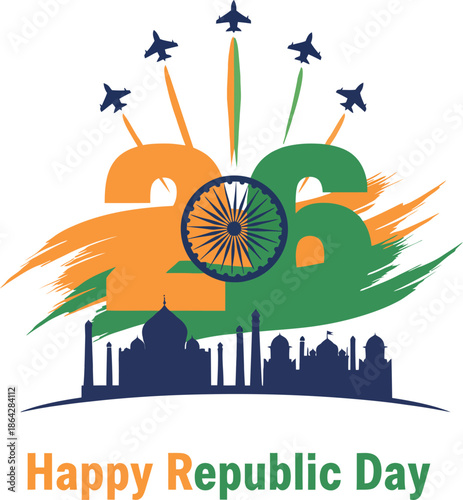 Happy republic day india 26 january celebration vector illustration with air show and monuments