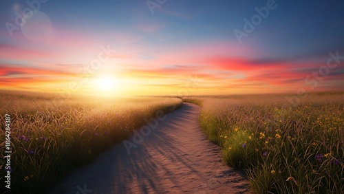 Sunset path through golden fields