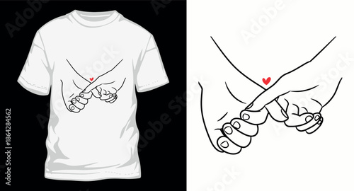 Pinky swear hands illustration with small red heart on white tshirt template
