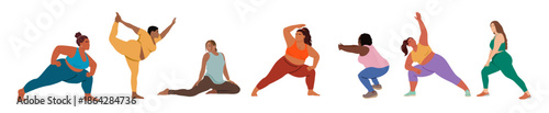 Flat vector illustration of diverse plus size women practicing yoga and stretching poses, promoting body positivity, wellness, and inclusive fitness.