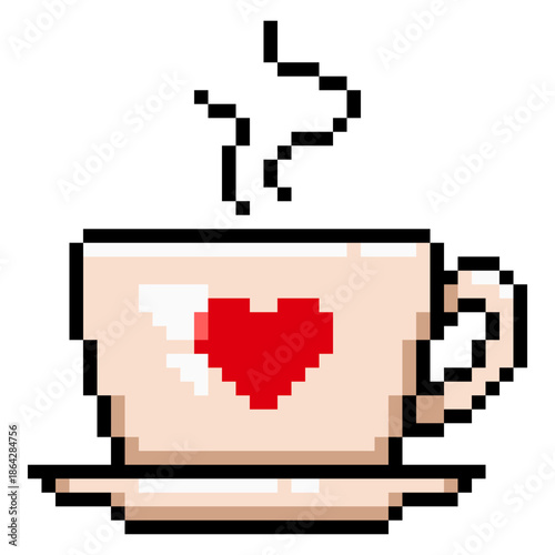 Vector Pixel Icon of Coffee Cup with Heart Symbol