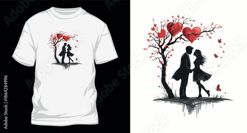 White t-shirt featuring a romantic silhouette of a couple standing under a tree with heart-shaped foliage and flying butterflies