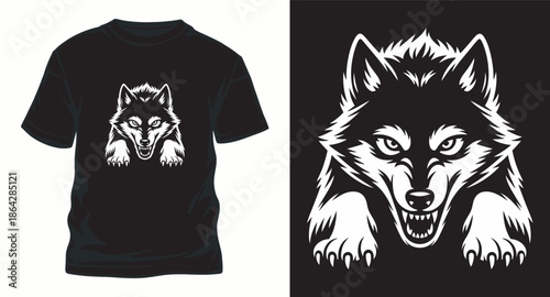 Aggressive wolf head illustration for t-shirt design on black background