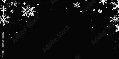 Black and white winter holiday background with falling snowflakes, stars, and magic light design for a New Year or Christmas celebration vector illustration