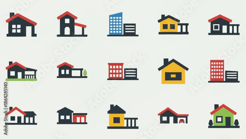 Collection of various house and building icons in different colors and styles.