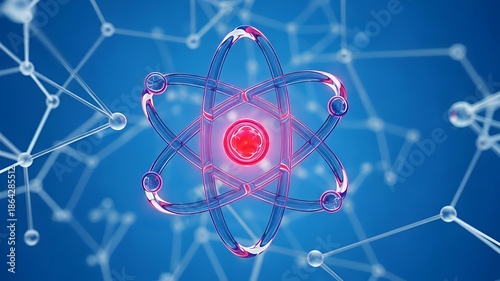 Abstract 3D Atomic Structure and Molecular Network with Glowing Nucleus on Blue Background for Science and Technology