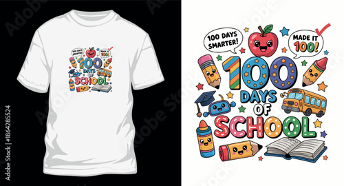 Creative 100 days of school vector design celebrating academic achievement with cute cartoon elements and vibrant typography