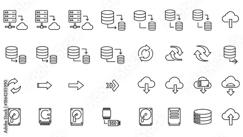 Hardware storage and data migration icon collection featuring hard drive disks ssd memory chips and transfer arrows for computer system upgrades and server maintenance tasks