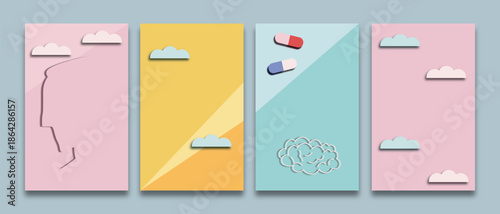 Set of mental health posters with paper cut style human silhouettes, brain and abstract symbols. Minimal templates with copy space for presentations, therapy materials, courses and educational content
