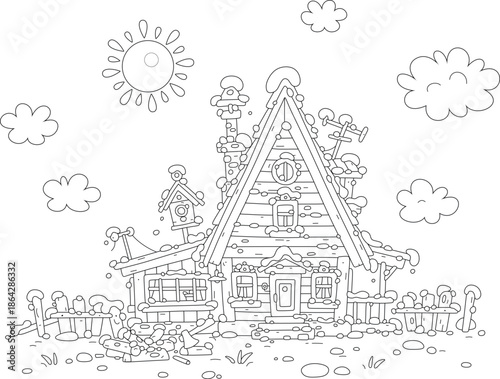 Cozy little wooden house with a verandah and a fence with remains of winter snow on a warm sunny spring day in countryside, black and white outlined vector illustration for a coloring book