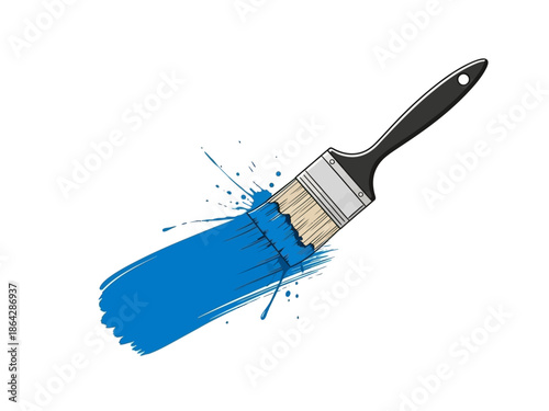 Blue paint brush with paint stroke on white background, illustration of art and creativity