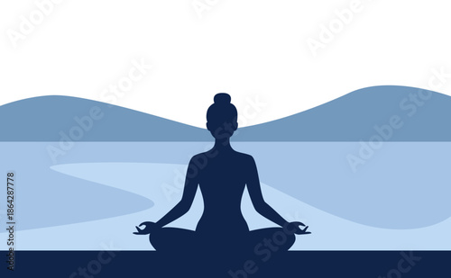 Woman sitting in lotus near lake – lakeside yoga meditation illustration