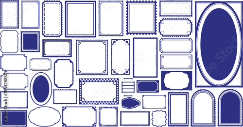 Hand drawn doodle stamp frame collection. Vintage abstract wavy postmark look with simple design. Blue decorative rectangular labels and empty banner shapes in a coastal retro style eps