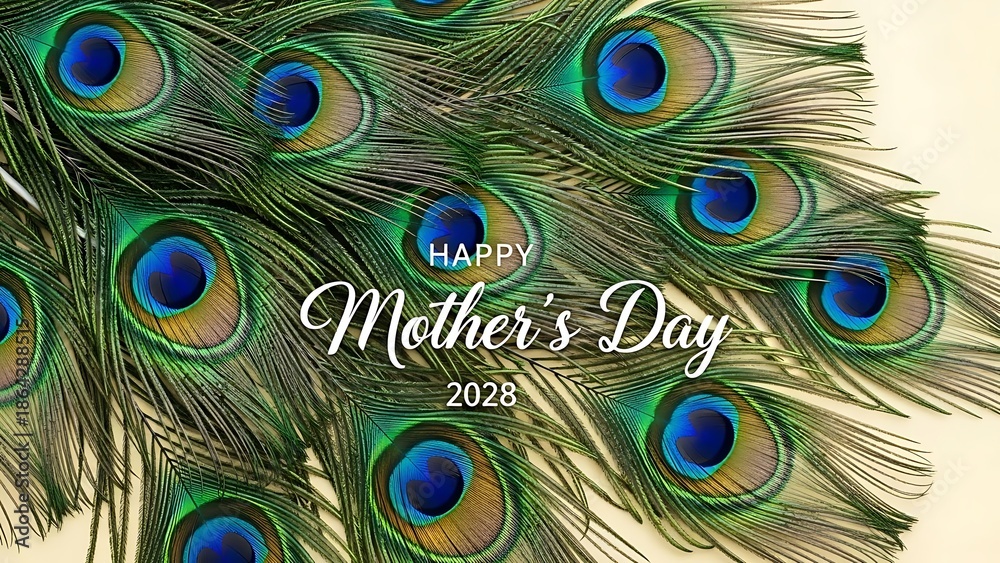 Obraz premium Peacock Feathers Happy Mother's Day 2028: Elegant Blue Eyes, Soft Light, Festive Background