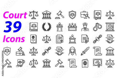 Court Icon Set – Editable Line Icons for Law, Justice & Legal Services  Vector Illustration