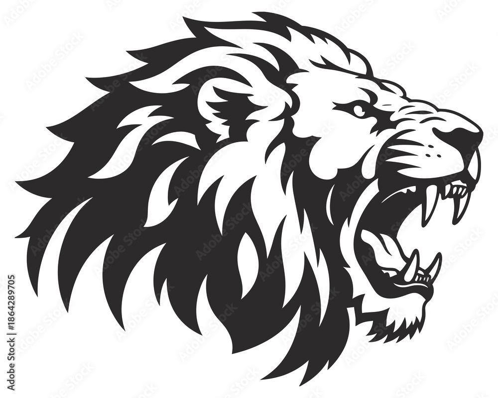 Fototapeta premium Black and white roaring lion head with sharp teeth and mane open mouth