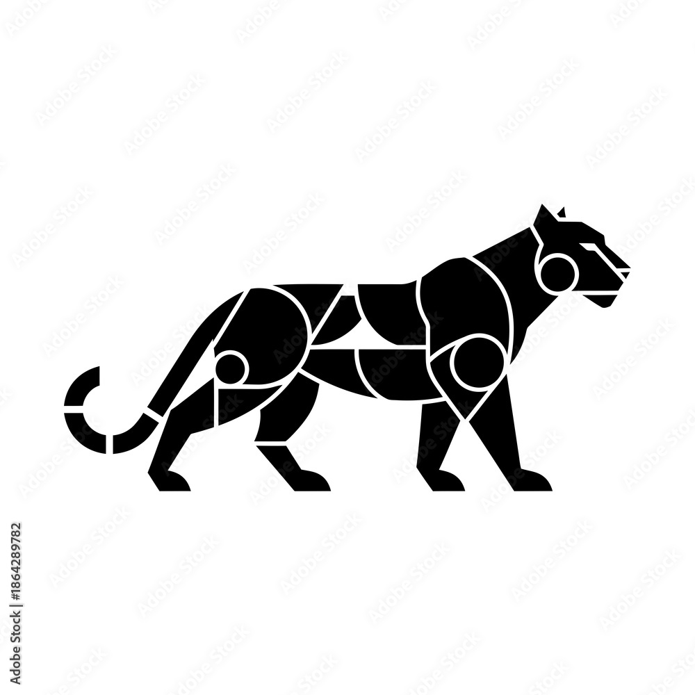 Fototapeta premium Black geometric panther silhouette walking left on white background abstract