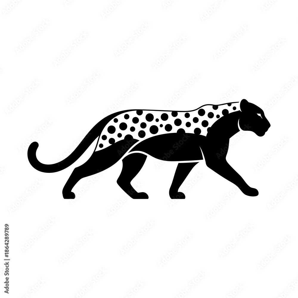 Fototapeta premium Black leopard silhouette with white polka dots walking profile view panther jaguar