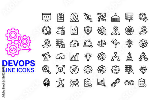 DevOps Outline Icon Set – Automation, Deployment, Agile Workflows & Software Development Vector Illustration