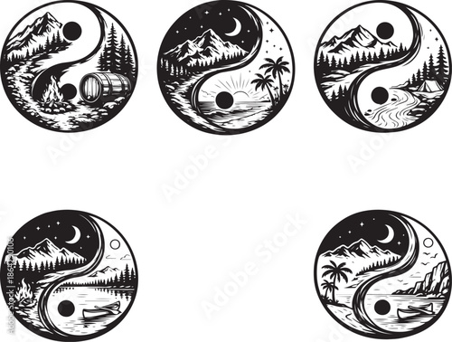 Yin yang nature scenes with mountains and landscapes