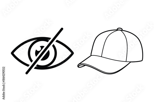 Privacy hidden eye icon and baseball cap apparel line art