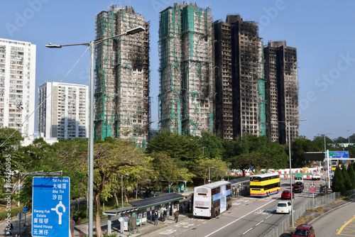 Burned residential skyscrapers in the district of Tai Po in Hong Kong