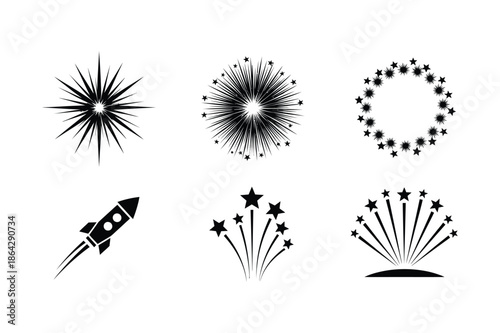 Celebration fireworks and rocket silhouette icons for holiday events