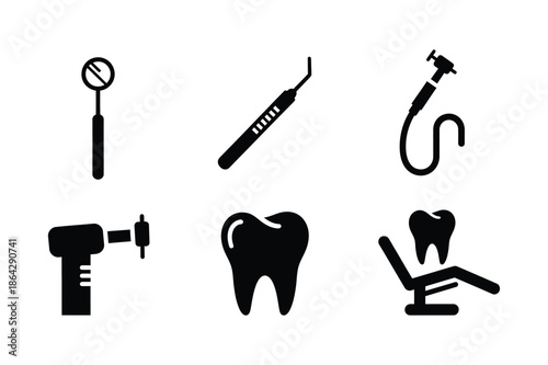 Dental care and dentistry professional equipment black icon set