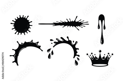Black ink splashes and paint blot silhouette set for design