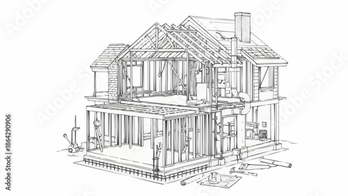 Architectural drawing of a house under construction showing framing and structure.