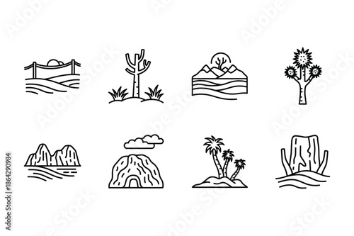 Desert Oasis and Exotic Nature Landscape Line Icons