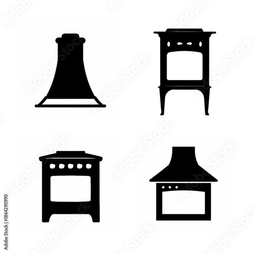 Essential kitchen cooking appliances and ventilation systems silhouette icons