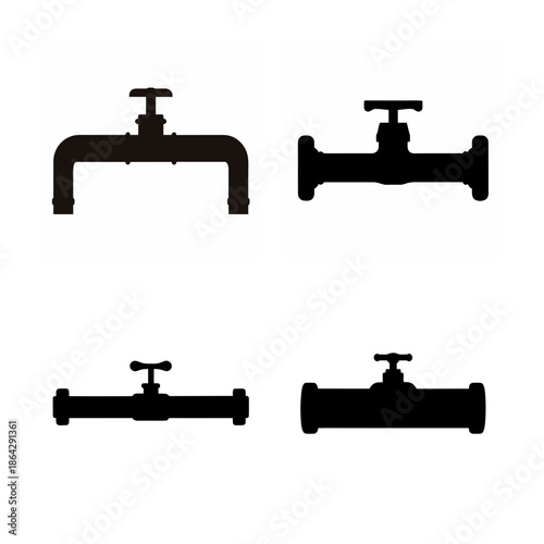 Collection of black silhouettes illustrating various plumbing pipe and valve configurations