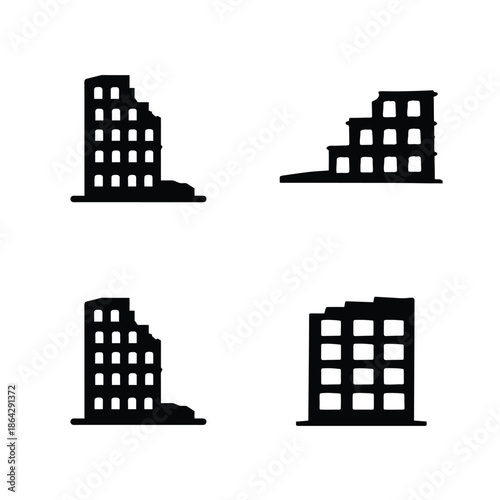Set of building silhouettes showing damaged, partially destroyed, and complete urban structures