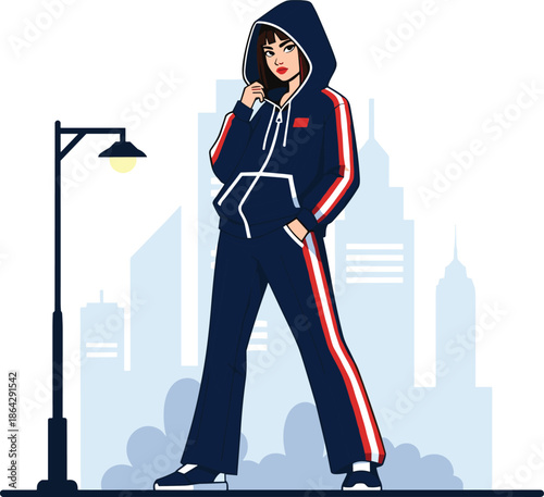 Urban tracksuit street style illustration, confident pose under streetlamp, cad drawing flat vector, fashion sketch, city nightwear concept