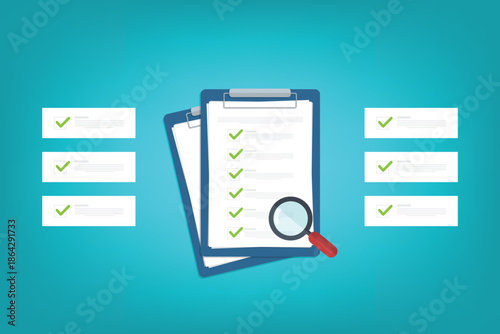 digital document inspection or assessment evaluation, contract review, analysis, inspection of agreement contract, compliance verification. Vector illustration	