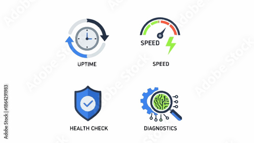 Set of icons representing server performance and monitoring.