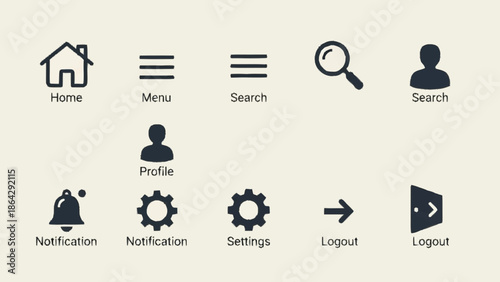 Set of simple UI icons for navigation and user profile.