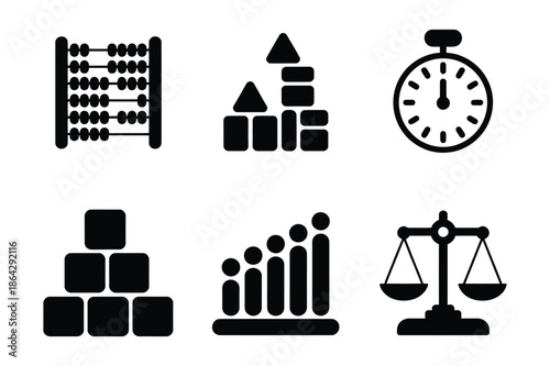 Education and Measurement Tools Icon Set with Abacus and Scale
