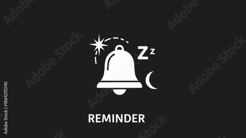 Simple white alarm clock and reminder icon on black background.