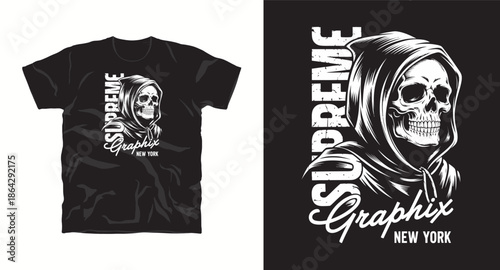 Supreme graphix new york hooded skull graphic print design with vintage monochrome style on black t shirt