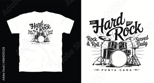Hard rock Punta Cana t-shirt design with full drum set illustration