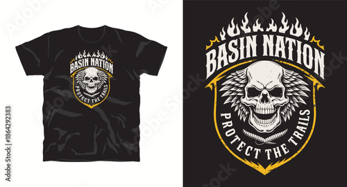 Basin nation protect the trails skull with wings and flames mascot design