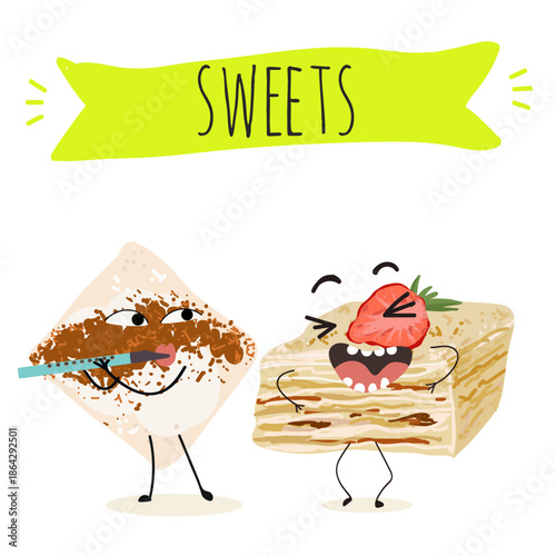 Funny Characters Turkish Tavuk Gogsu, Gullach, dessert, Eastern sweets. Hand drawn vector illustration.