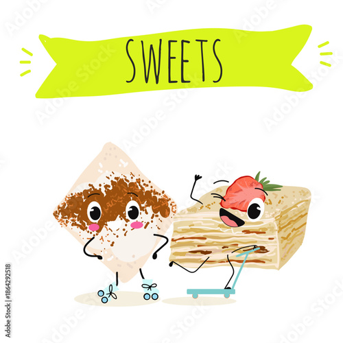 Funny Characters Turkish Tavuk Gogsu, Gullach, dessert, Eastern sweets. Hand drawn vector illustration.